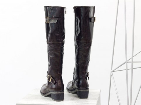 Лакированные сапоги женские из натуральной коричневой кожи