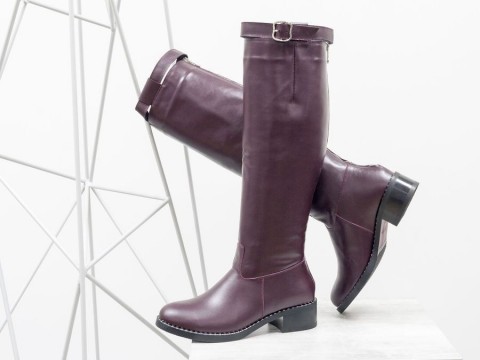 Женские бордовые сапоги-трубы из кожи, М-1828-02